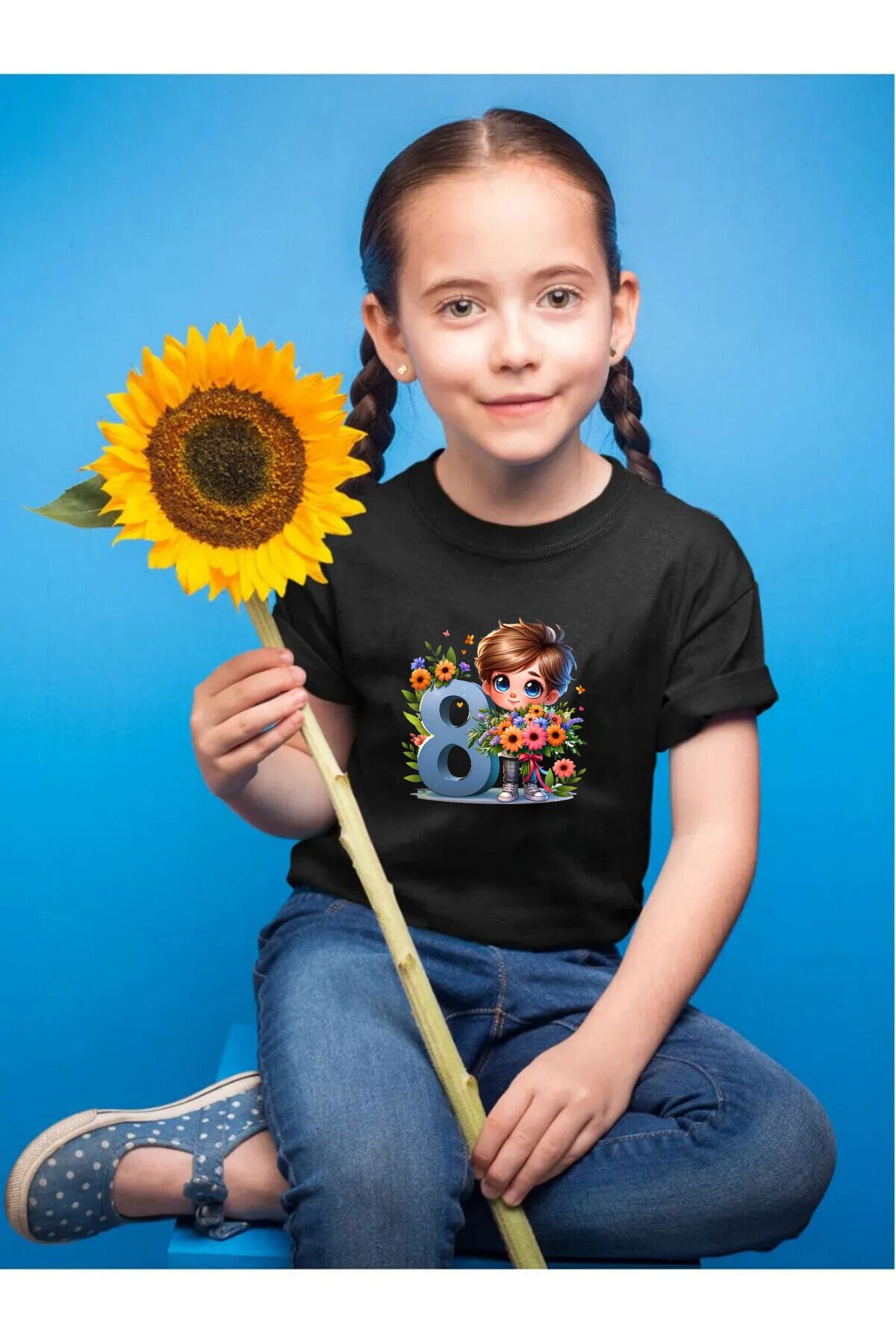 8 Yaş Doğum Günü Baskılı Regular Fit %100 Pamuk Çocuk Beyaz T-shirt Siyah - 7-8 Yaş
