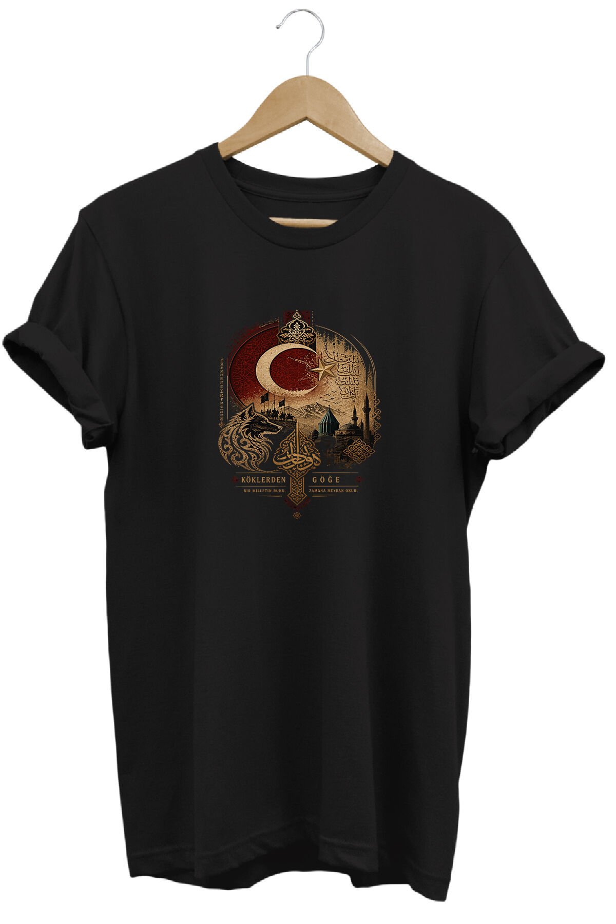 Bozkurt ve Ay Yıldız Baskılı Tarihi Motifli Özel Tasarım Tişört Siyah - 2XL