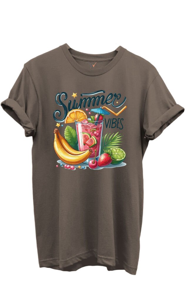 Summer Vibes Yazılı Meyve Kokteyli ve Tropik Desenli %100 Pamuk Regular Fit Unisex T-Shirt Kahverengi - XL