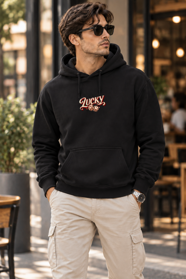 Unisex Minimal Lucky Baskılı Kapüşonlu Sweatshirt Zar Desenli Hoodie