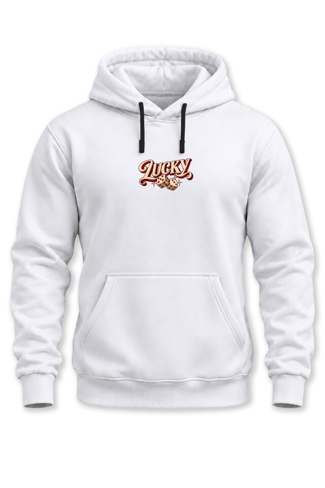 Unisex Minimal Lucky Baskılı Kapüşonlu Sweatshirt Zar Desenli Hoodie