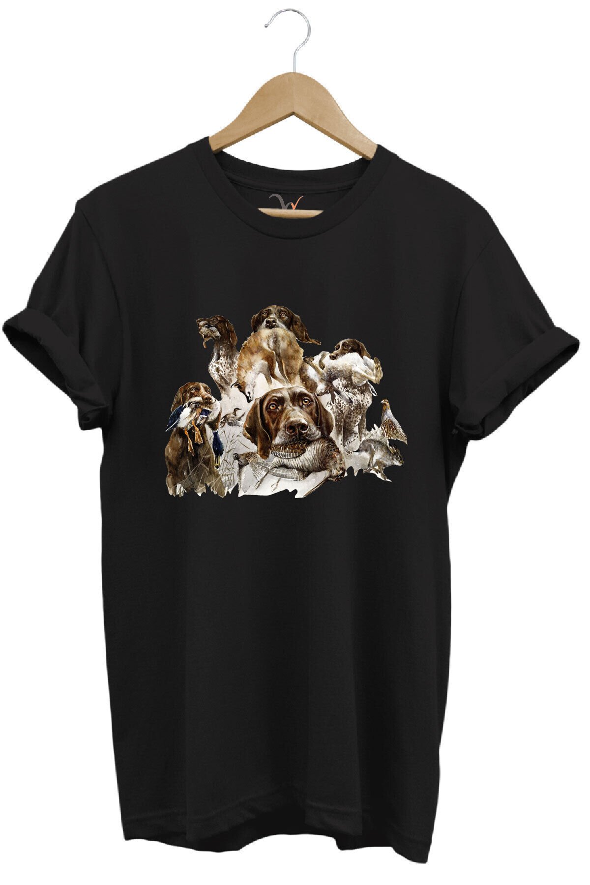 Av Köpekleri ve Kuş Temalı %100 Pamuk Unisex Regular Fit T-Shirt Siyah - S