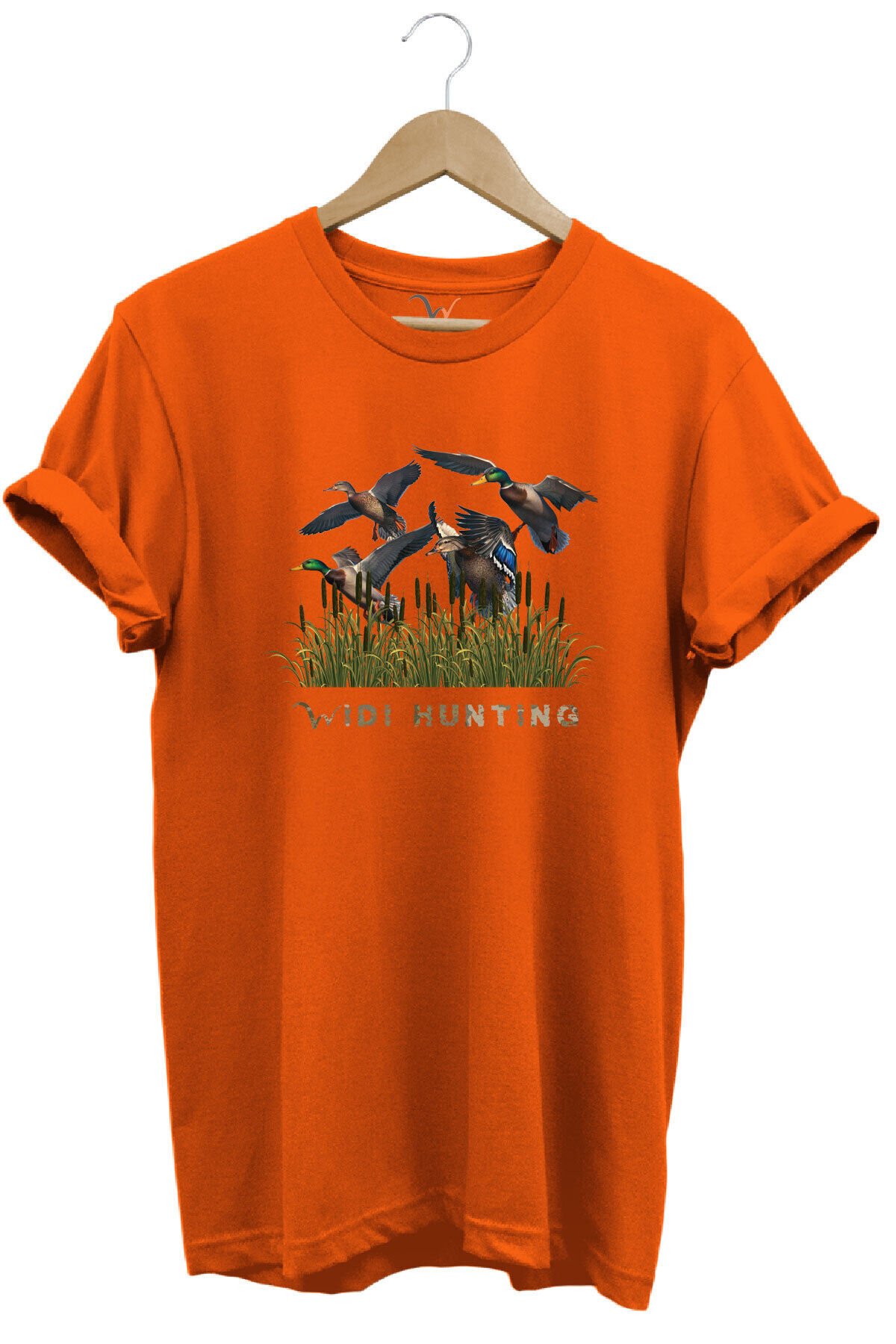 Widi Hunting Avcılık Ördek Avı Baskılı %100 Pamuk Regular Fit Bisiklet Yaka Mavi T-shirt Turuncu - S
