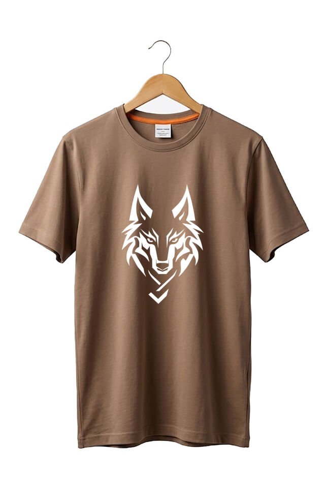 Bozkurt Türkçü Kurt Baskılı %100 Pamuk Regular Fit Bisiklet Yaka Basic T-shirt Açık Kahverengi - 3XL