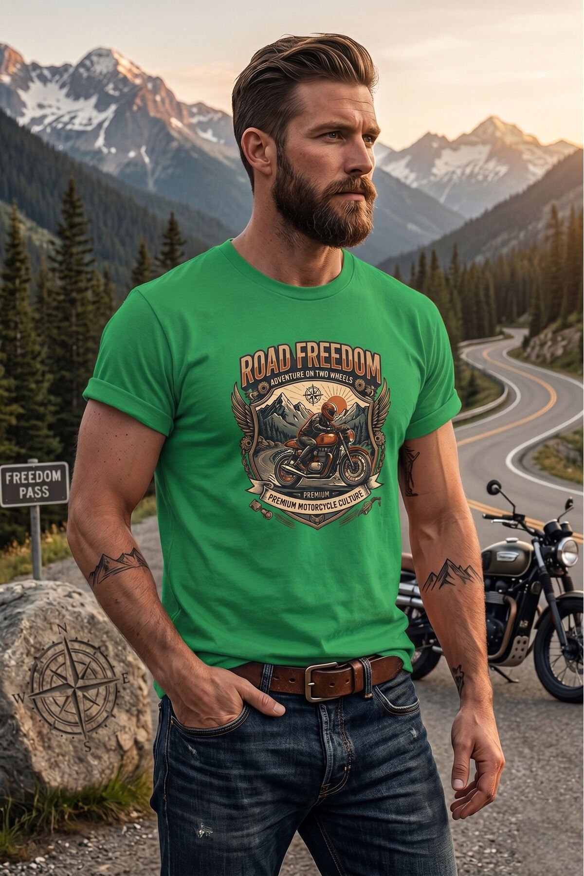 Road Freedom Motorsiklet Baskılı Erkek Tişört Vintage Retro Tasarım Bisiklet Yaka Yeşil - XL