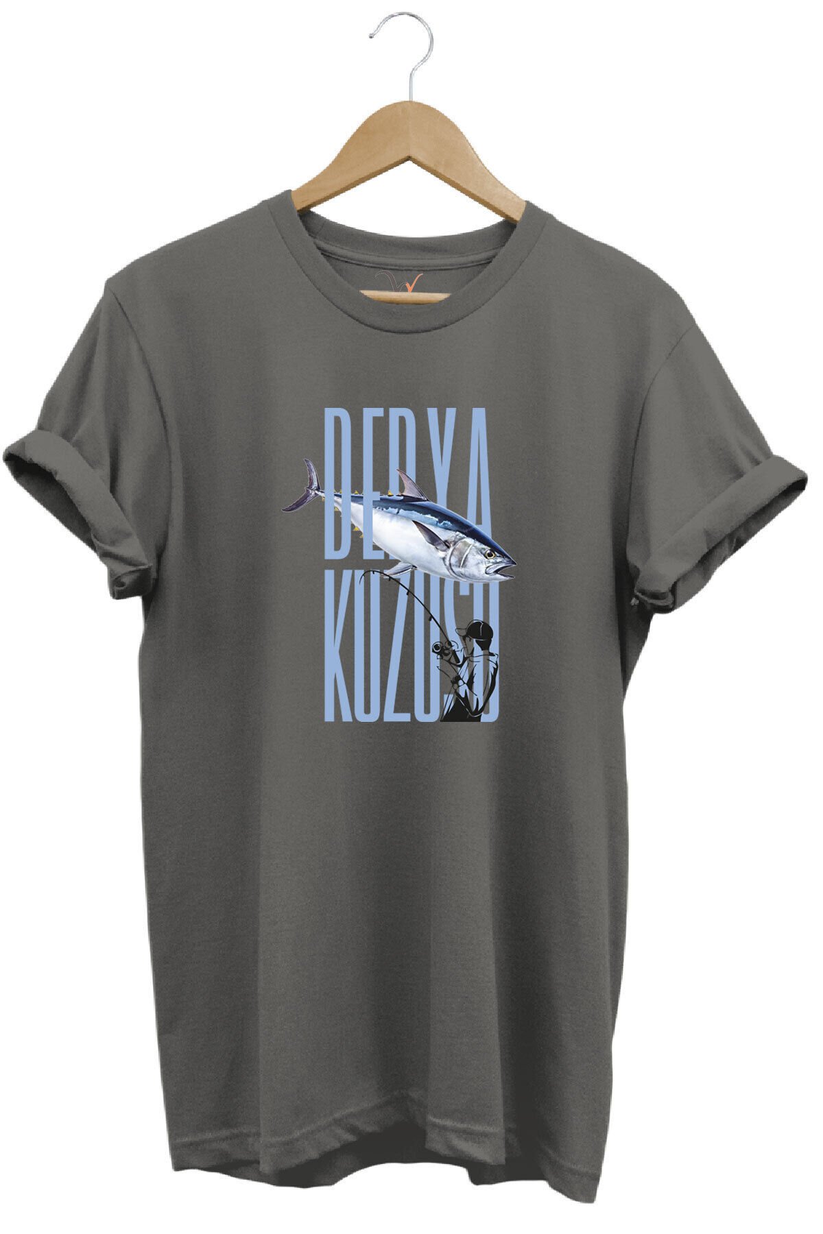 Fishing Balık Avcılığı Palamut Balığı Derya Kuzusu Tasarım Baskılı Regular Fit Bisiklet Yaka T-Shirt Gri - 2XL