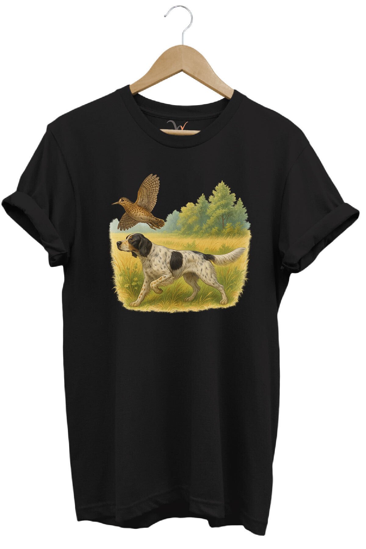 Hunting Avcılık Vahşi Yaşam Avcı Köpeği ve Çulluk Kuşu Baskılı %100 Pamuk Regular Fit T-Shirt Siyah - XL