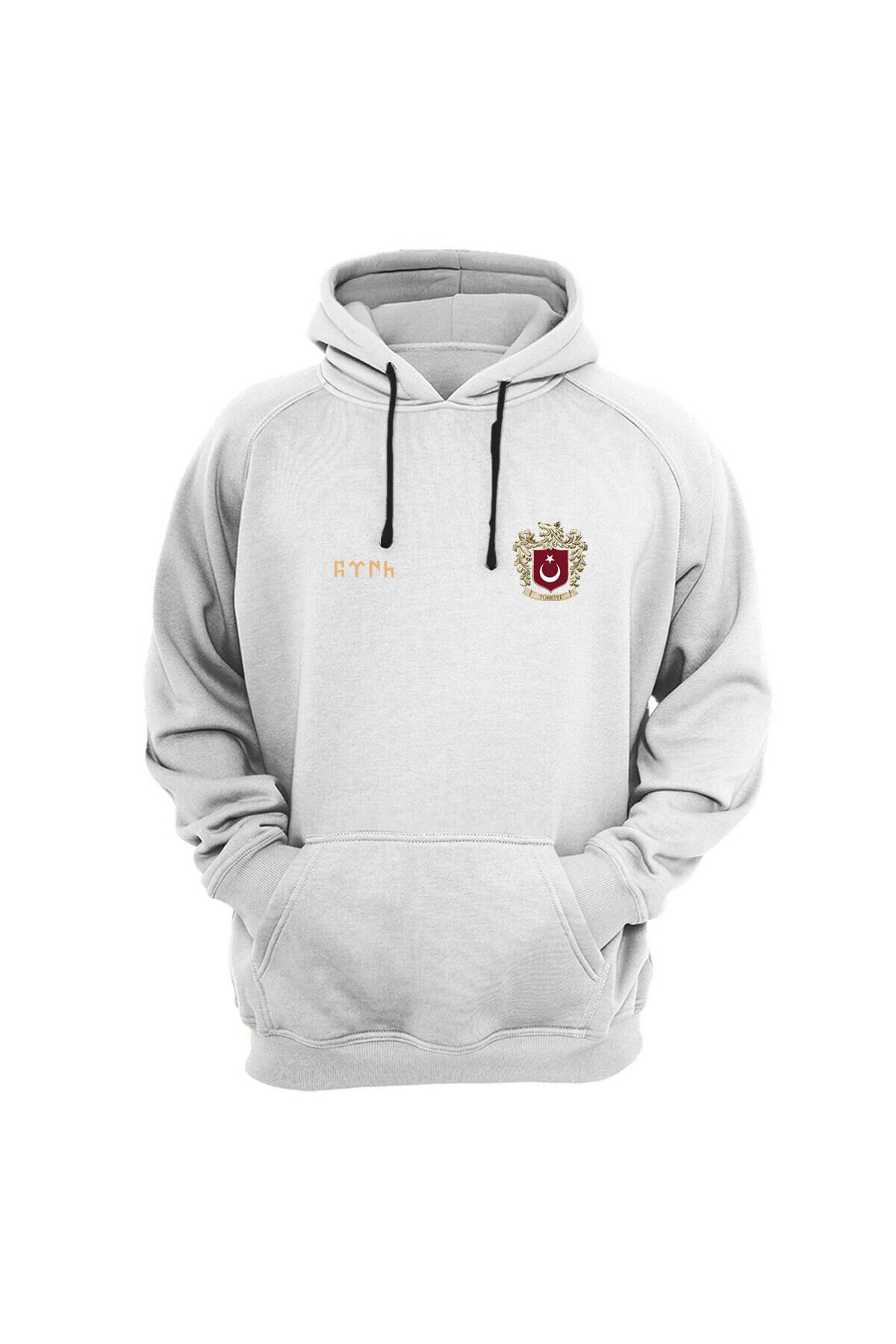 Göktürkçe TÜRK Yazılı Bozkurt Sembolü TÜRKİYE ve TÜRK Bayrağı Kurt Regular Fit %100 Pamuk Sweatshirt Beyaz - L
