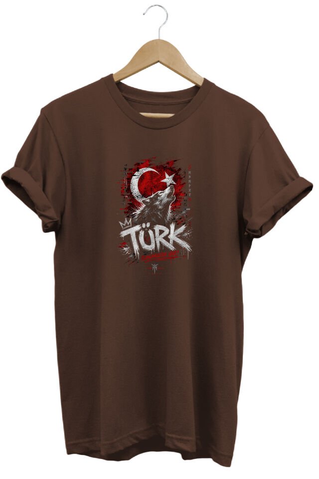 Türk Bozkurt ve Ay Yıldız Baskılı Sokak Stili Özel Tasarım Tişört Koyu Kahverengi - 3XL