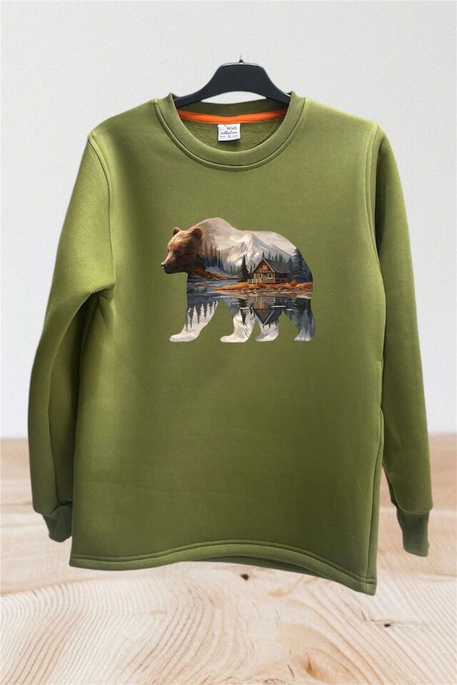 Hunter Avcılık Doğa Kamp Ayı Baskılı Pamuklu Regular Fit Bisiklet Yaka Sweatshirt - Haki