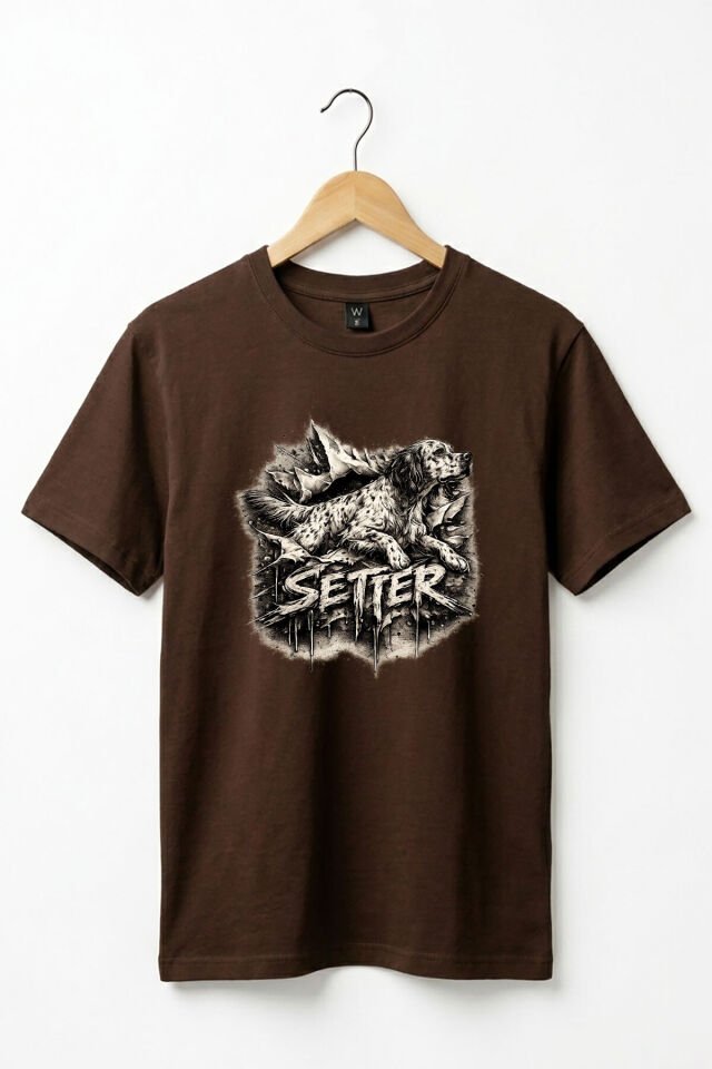Unisex English Setter Köpek Baskılı Özel Tasarım Hunting Doğa %100 Pamuk Basic T-Shirt Koyu Kahverengi - S