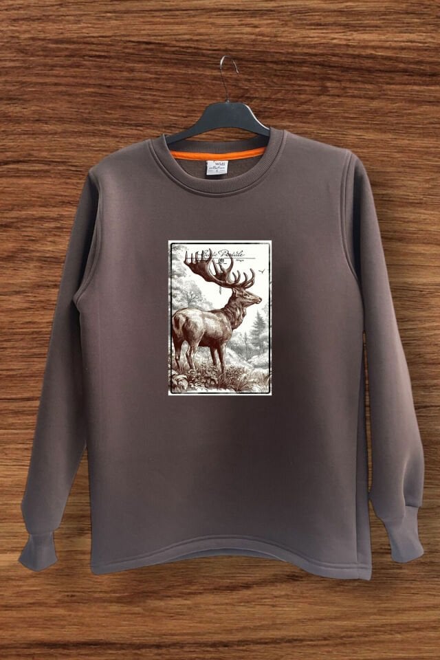 Avcılık Hunter Geyik Avı Poster Baskılı Pamuklu Regular Fit Bisiklet Yaka Sweatshirt
