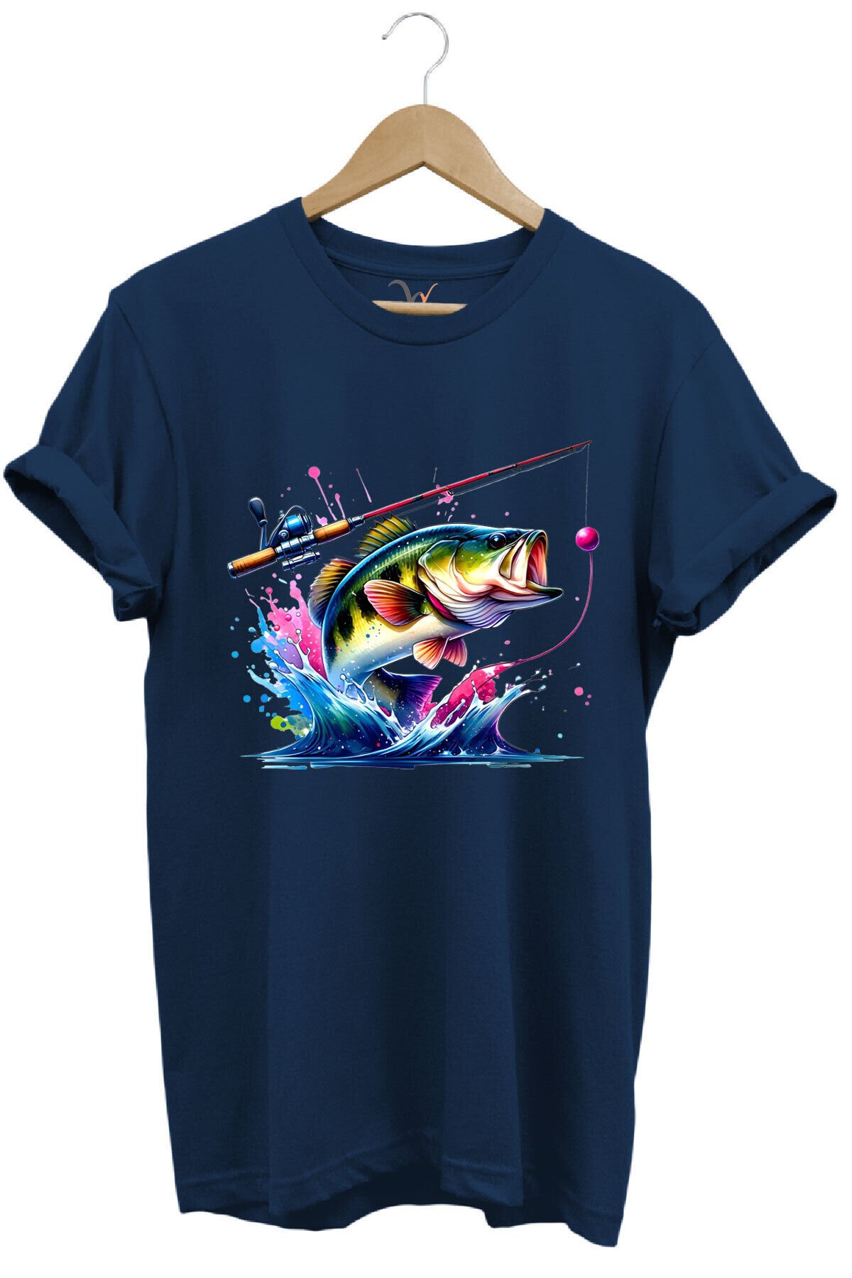 Fishing Balıkçılık Renkli Levrek Balığı Baskılı Avcılık %100 Pamuk Regular Fit Unisex T-Shirt Lacivert - 3XL
