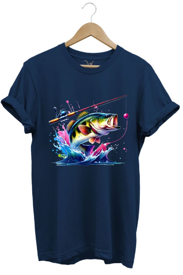 Fishing Balıkçılık Renkli Levrek Balığı Baskılı Avcılık %100 Pamuk Regular Fit Unisex T-Shirt Lacivert - 3XL