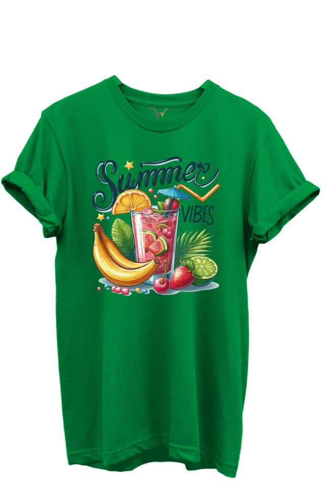 Summer Vibes Yazılı Meyve Kokteyli ve Tropik Desenli %100 Pamuk Regular Fit Unisex T-Shirt Yeşil - L