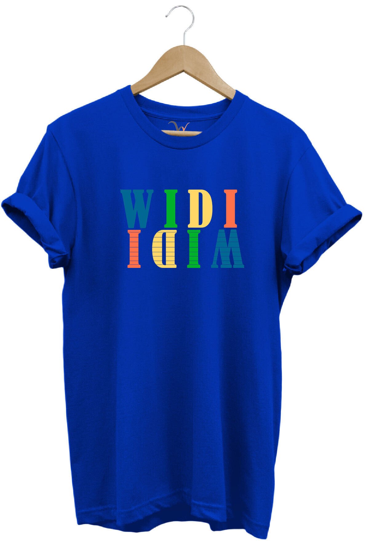Widi Renkli Logo Baskılı %100 Pamuk Rahat Kalıp Premium Beyaz T-shirt Mavi - XL