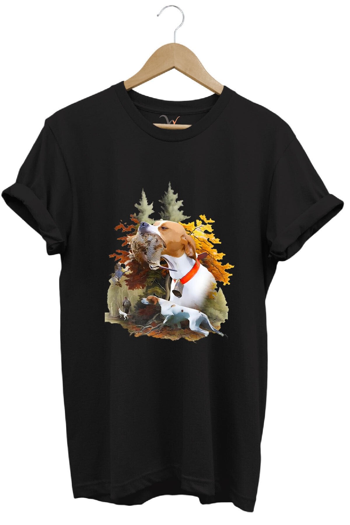 Hunting Avcılık Çulluk Ve English Pointer Av Köpeği Baskılı %100 Pamuk Regular Fit Siyah T-shirt
