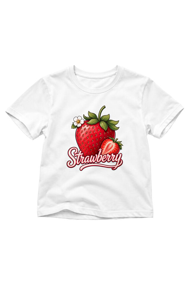 Kız Çocuk Çilek Baskılı Strawberry Yazılı Kısa Kollu Bisiklet Yaka Tişört