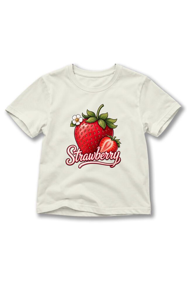 Kız Çocuk Çilek Baskılı Strawberry Yazılı Kısa Kollu Bisiklet Yaka Tişört