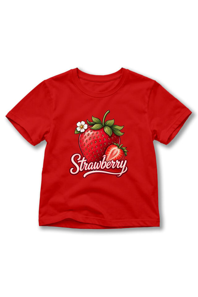 Kız Çocuk Çilek Baskılı Strawberry Yazılı Kısa Kollu Bisiklet Yaka Tişört