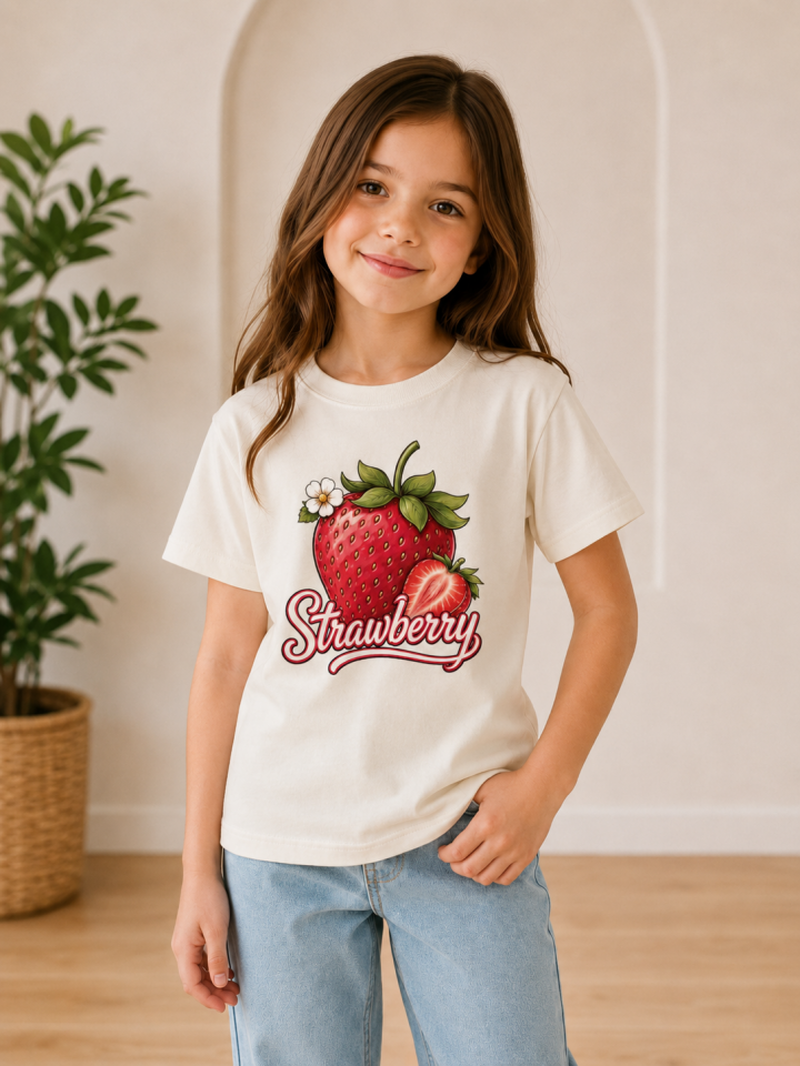 Kız Çocuk Çilek Baskılı Strawberry Yazılı Kısa Kollu Bisiklet Yaka Tişört
