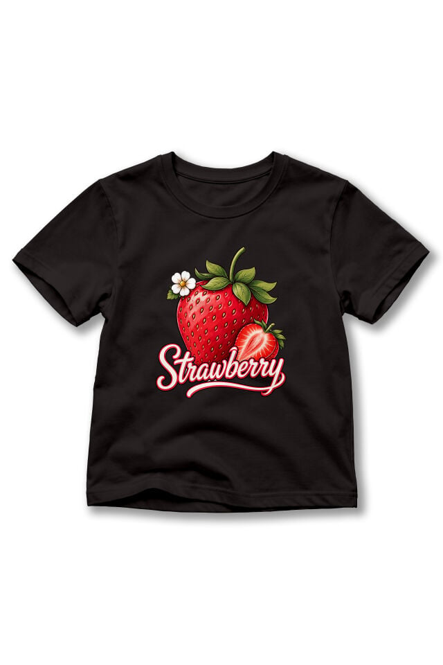 Kız Çocuk Çilek Baskılı Strawberry Yazılı Kısa Kollu Bisiklet Yaka Tişört