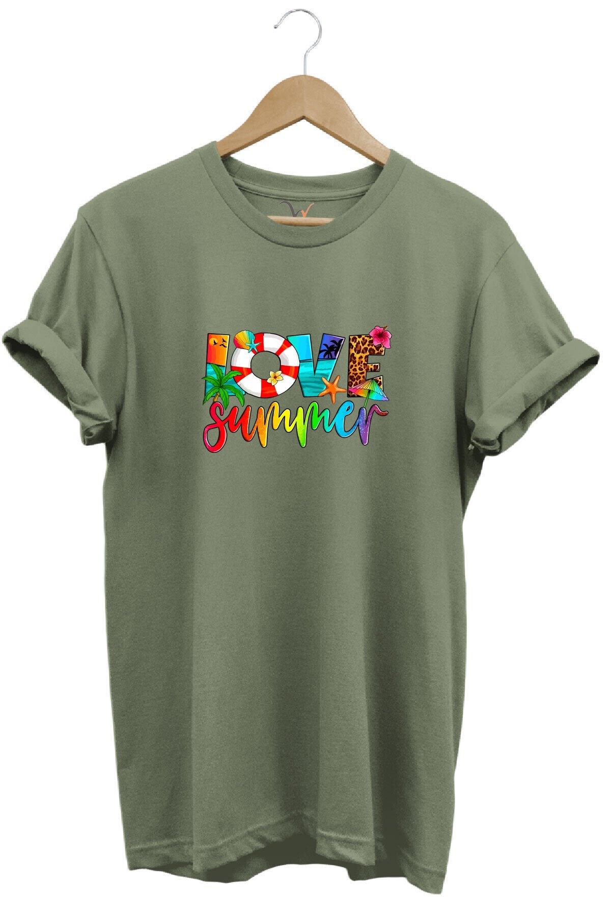 Yaz Love Summer Yazı Baskılı Deniz Sahil Kumsal Desenli %100 Pamuk Regular Fit Bisiklet Yaka T-Shirt Haki - M