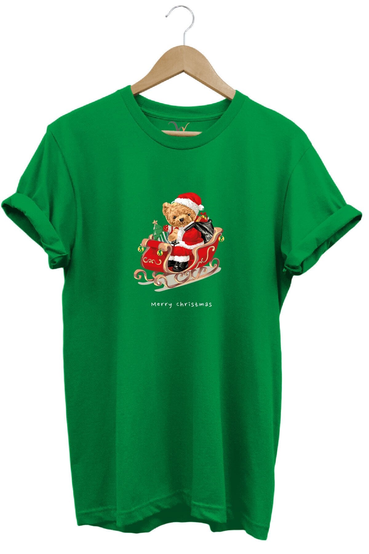 Christmas Baskılı Sevimli Ayıcık Yılbaşı Noel %100 Pamuk Regular Fit Bisiklet Yaka T-shirt