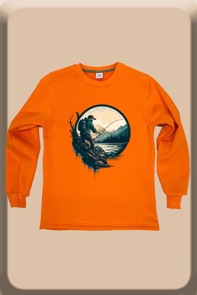 Balıkçılık Olta Ile Balık Tutmak Baskılı Regular Fit %100 Pamuk Bisiklet Yaka Turuncu Sweatshirt