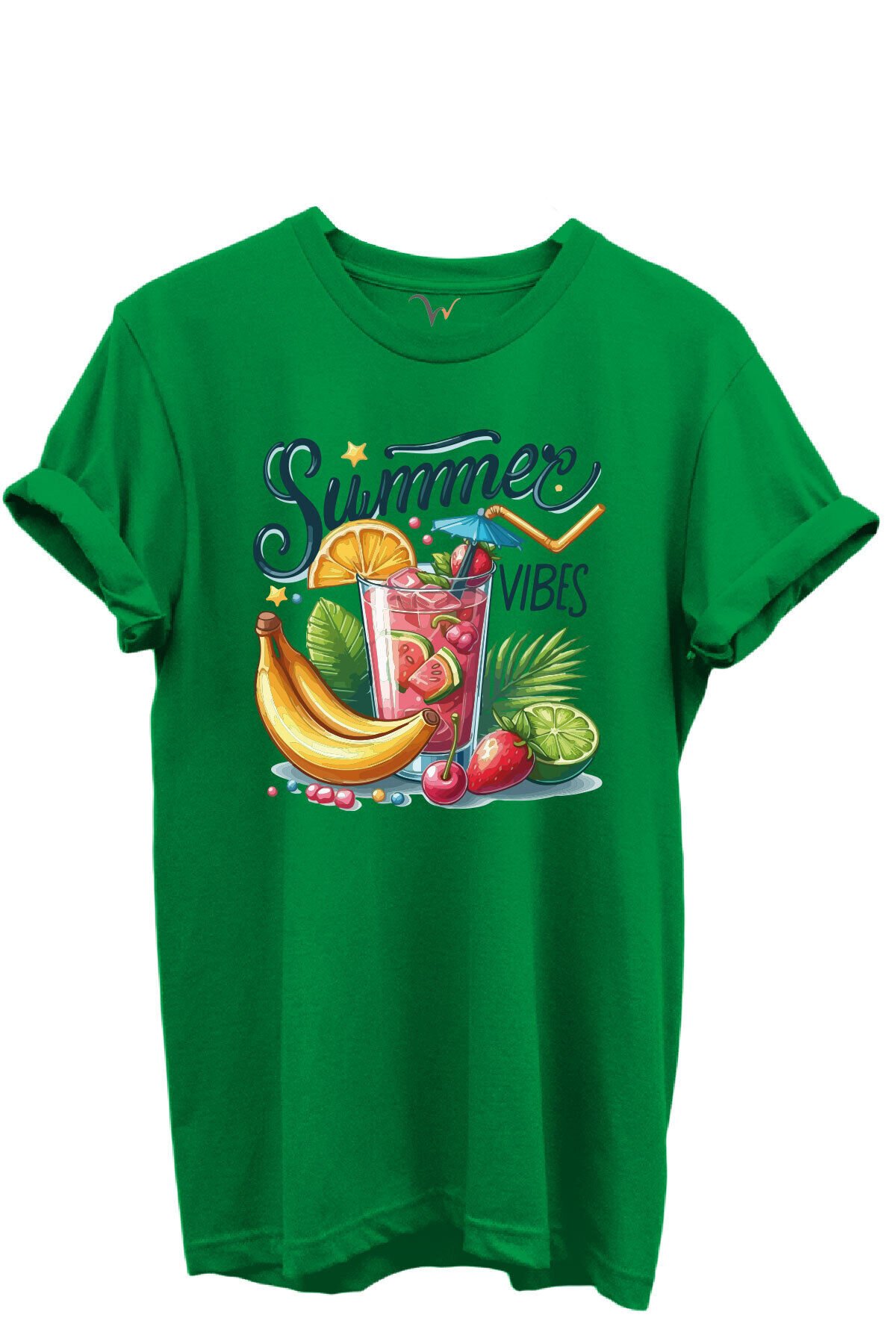 Summer Vibes Yazılı Meyve Kokteyli ve Tropik Desenli %100 Pamuk Regular Fit Unisex T-Shirt Yeşil - 3XL