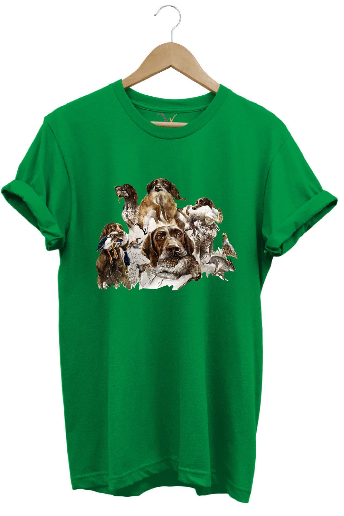 Av Köpekleri ve Kuş Temalı %100 Pamuk Unisex Regular Fit T-Shirt Yeşil - 3XL