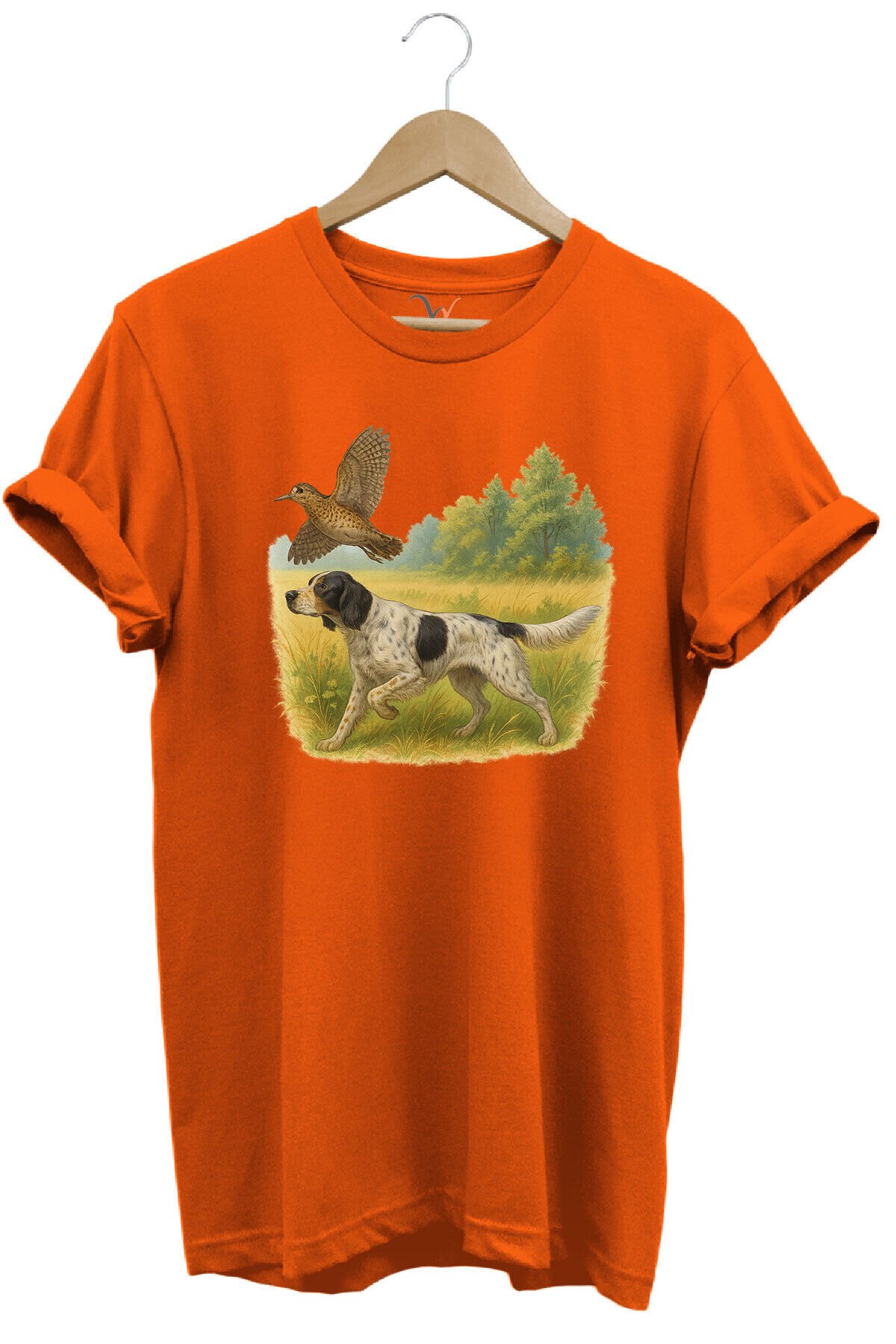 Hunting Avcılık Vahşi Yaşam Avcı Köpeği ve Çulluk Kuşu Baskılı %100 Pamuk Regular Fit T-Shirt Turuncu - XL