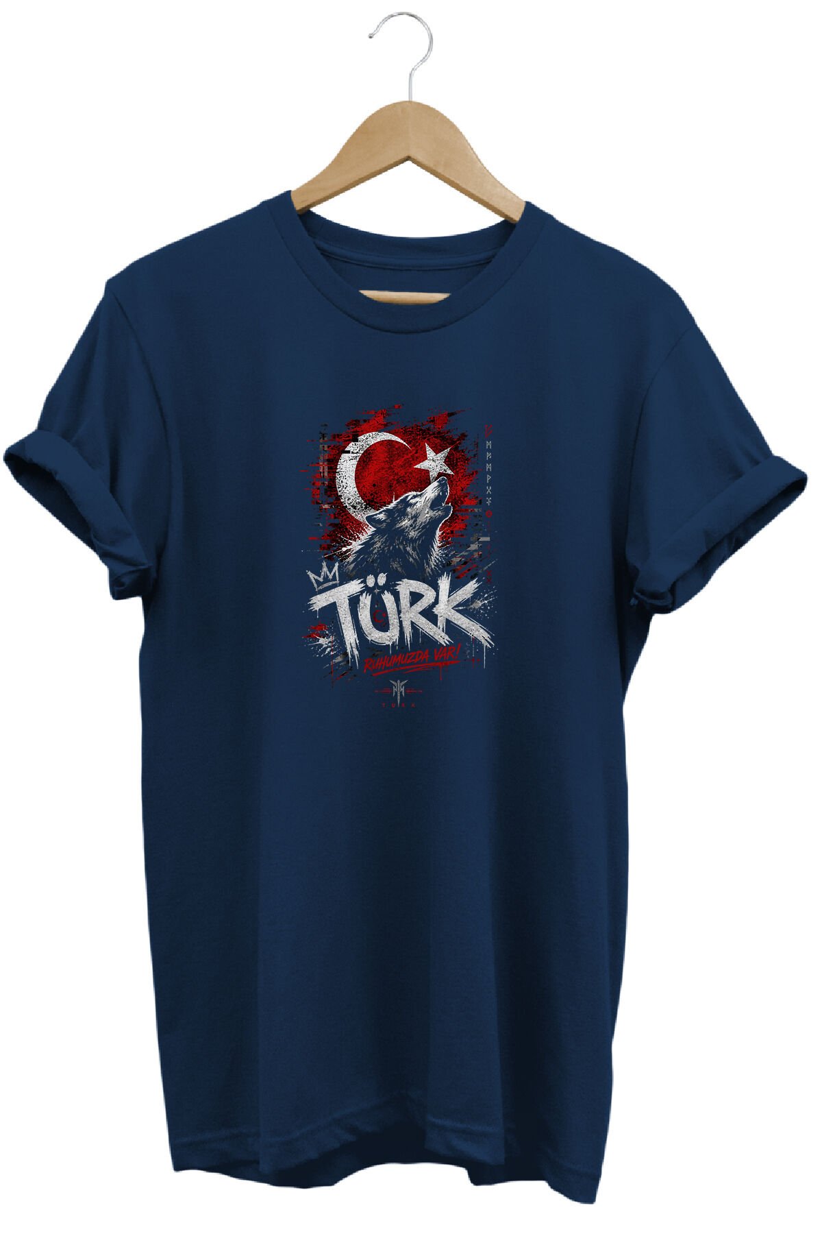 Türk Bozkurt ve Ay Yıldız Baskılı Sokak Stili Özel Tasarım Tişört Lacivert - XL