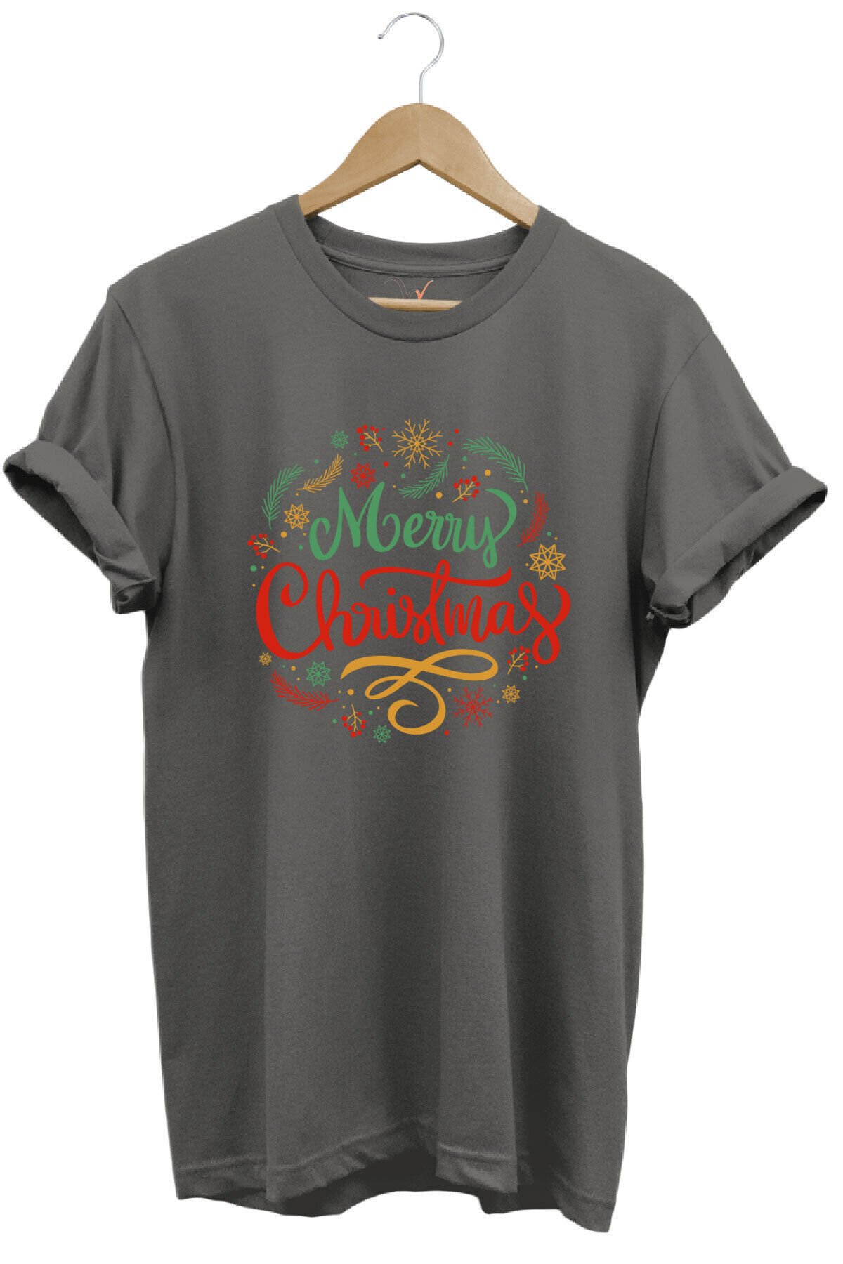 Yılbaşı Christmas Baskılı Noel Yeni Yıl %100 Pamuk Regular Fit Bisiklet Yaka Gri T-shirt