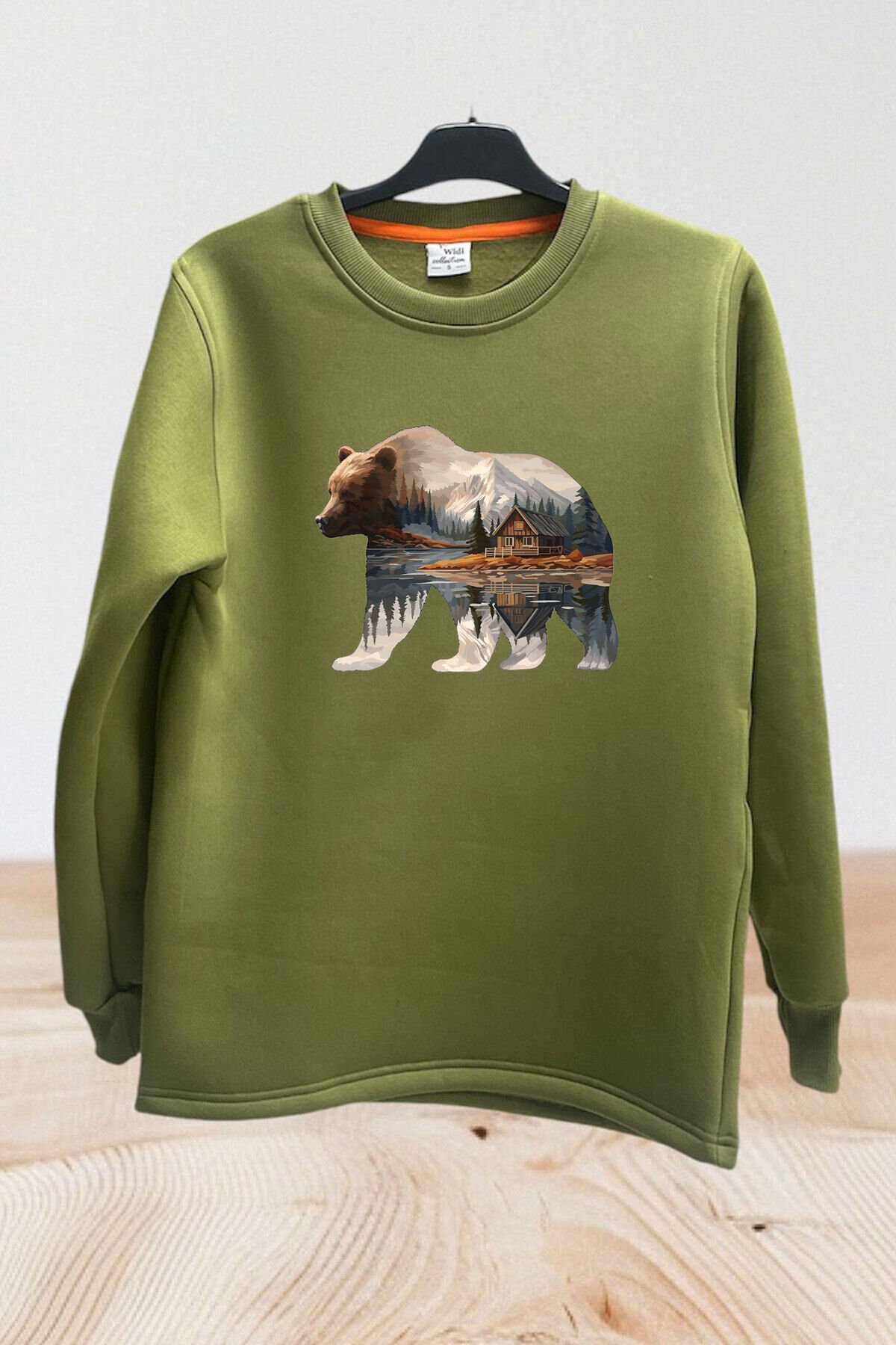 Hunter Avcılık Doğa Kamp Ayı Baskılı Pamuklu Regular Fit Bisiklet Yaka Sweatshirt