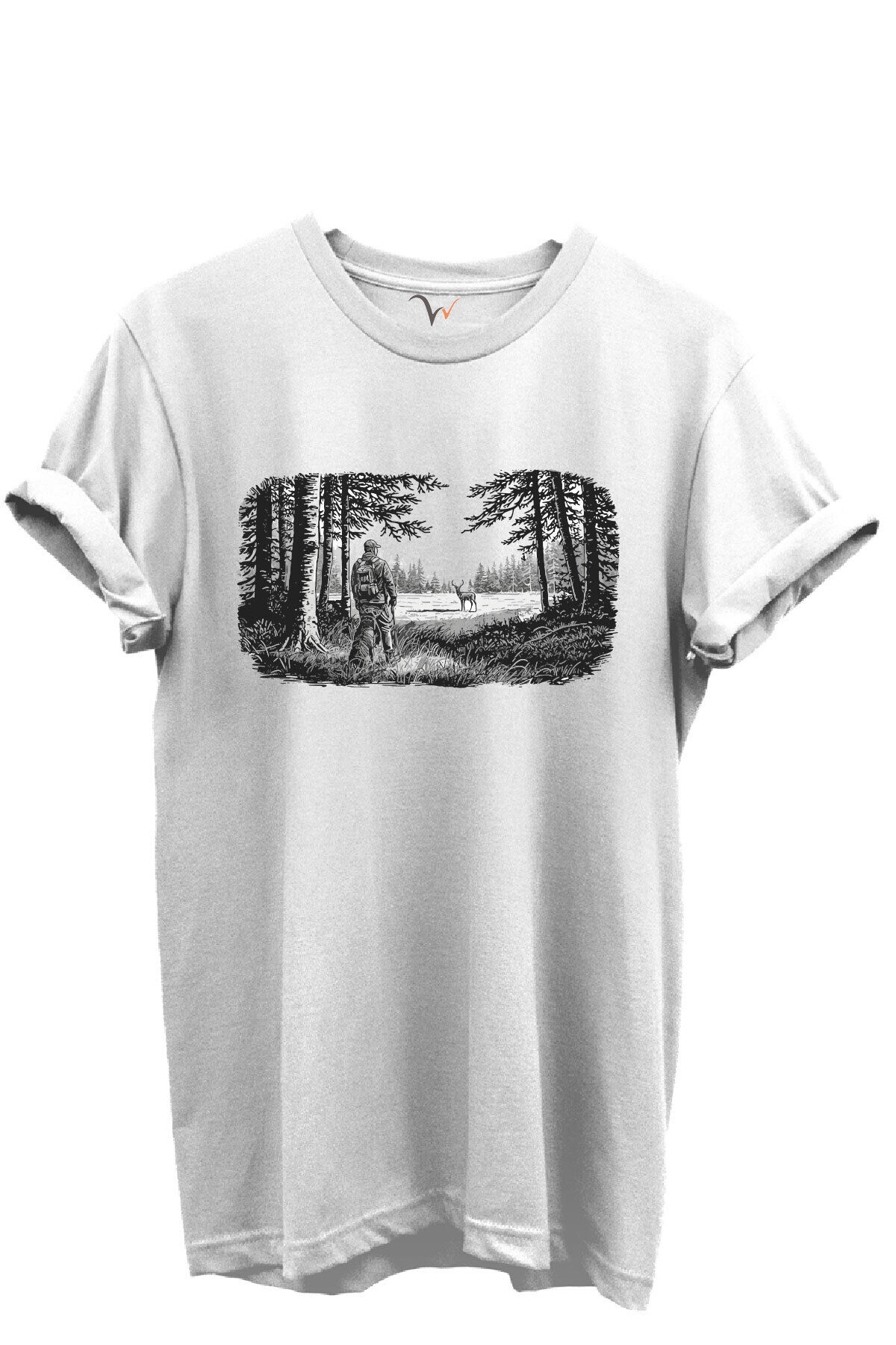 Avcı ve Geyik Orman Manzarası Çizim Baskılı %100 Pamuk Regular Fit Bisiklet Yaka Unisex T-shirt Beyaz - 3XL