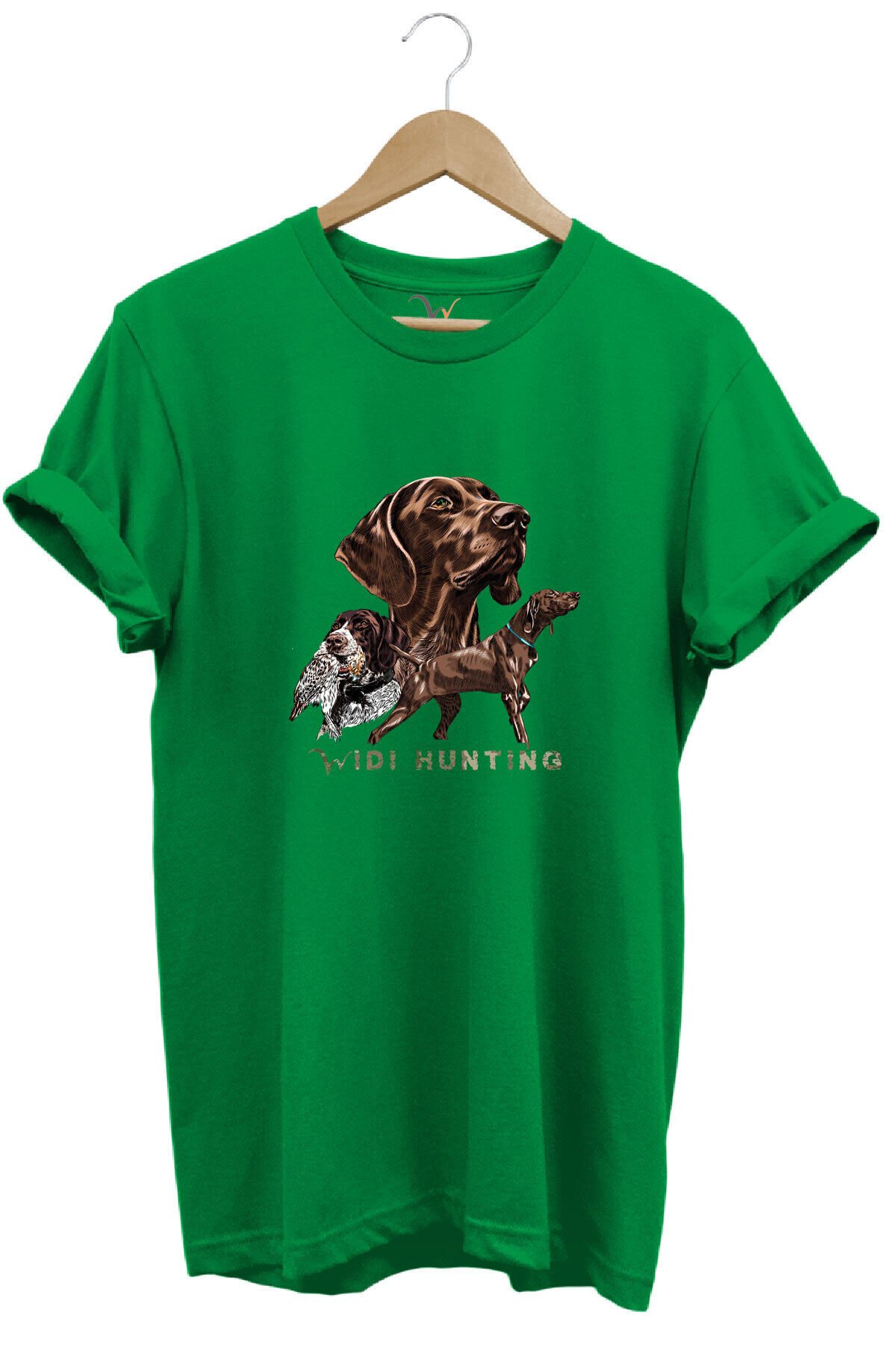 Avcılık Hunter Kurzhaar Av Köpeği ve Çulluk Baskılı %100 Pamuk Regular Fit Unisex T-Shirt Yeşil - XL