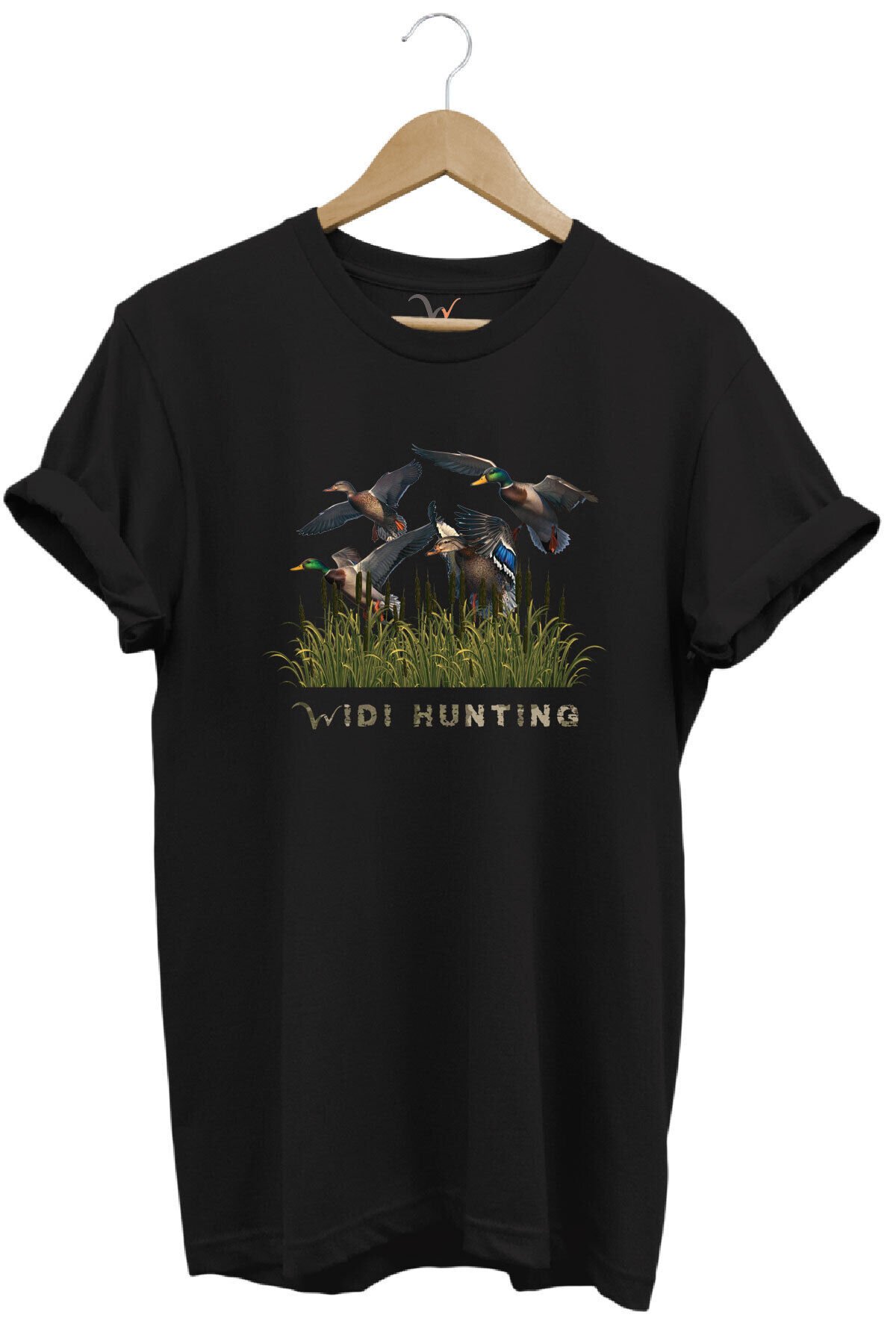 Widi Hunting Avcılık Ördek Avı Baskılı %100 Pamuk Regular Fit Bisiklet Yaka Mavi T-shirt Siyah - L