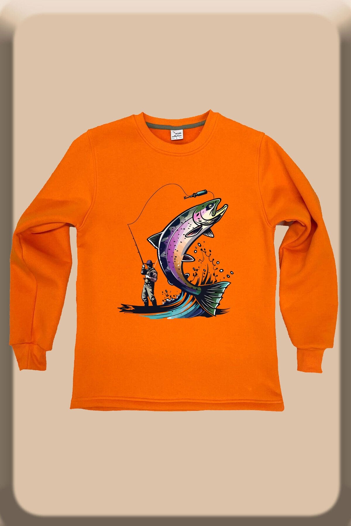 Hunter Avcılık Balıkçılık Alabalık Baskılı Regular Fit %100 Pamuk Bisiklet Yaka Turuncu Sweatshirt