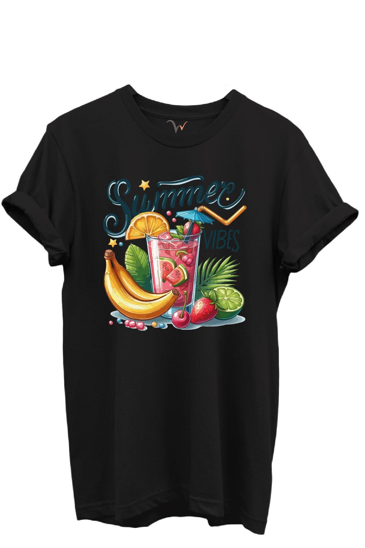 Summer Vibes Yazılı Meyve Kokteyli ve Tropik Desenli %100 Pamuk Regular Fit Unisex T-Shirt Siyah - 4XL