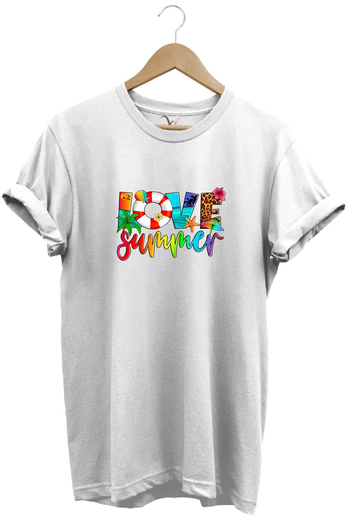 Yaz Love Summer Yazı Baskılı Deniz Sahil Kumsal Desenli %100 Pamuk Regular Fit Bisiklet Yaka T-Shirt Beyaz - XL