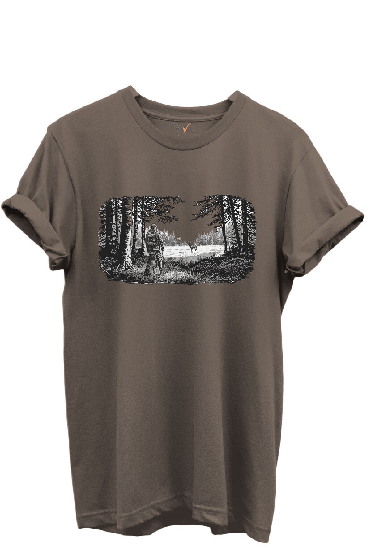 Avcı ve Geyik Orman Manzarası Çizim Baskılı %100 Pamuk Regular Fit Bisiklet Yaka Unisex T-shirt Kahverengi - 3XL