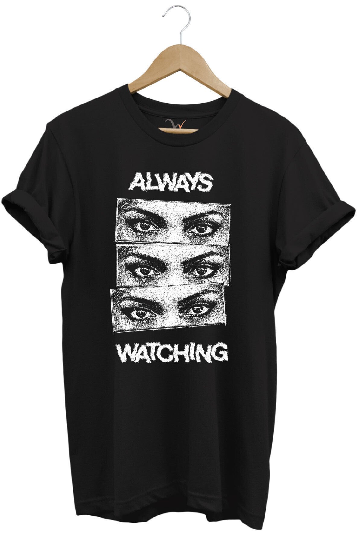 Unisex Streetwear Always Watching Baskılı Şık Tasarımlı %100 Pamuk Bisiklet Yaka Siyah T-shirt Siyah - 4XL