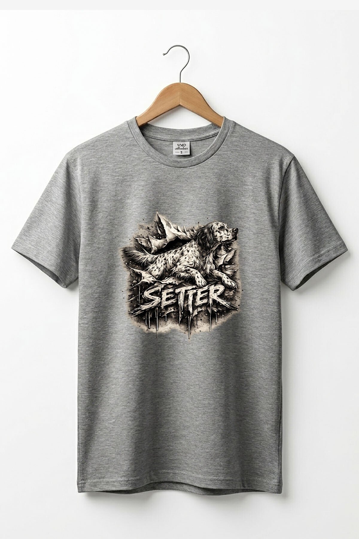 Unisex English Setter Köpek Baskılı Özel Tasarım Hunting Doğa %100 Pamuk Basic T-Shirt Gri Melanj - XL