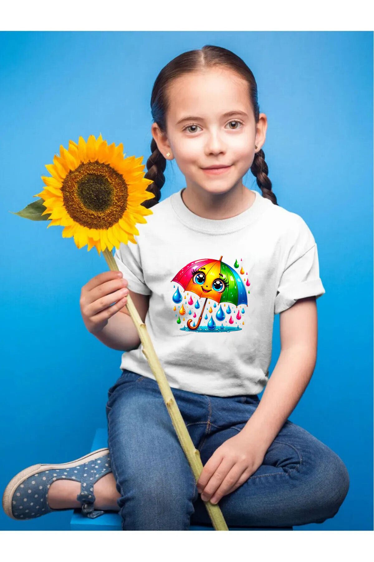 Renkli Şemsiye Baskılı Yağmur Damlaları %100 Pamuk Çocuk Siyah T-shirt Beyaz - 13-14 Yaş