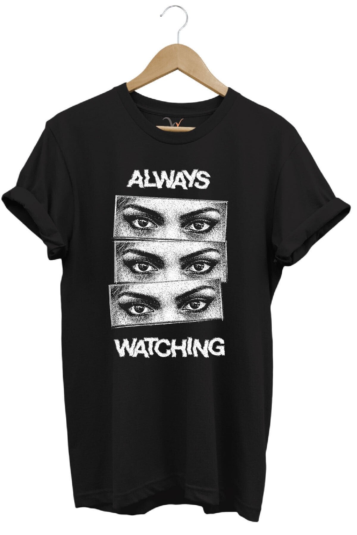 Unisex Streetwear Always Watching Baskılı Şık Tasarımlı %100 Pamuk Bisiklet Yaka Siyah T-shirt Siyah - S