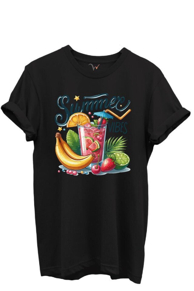 Summer Vibes Yazılı Meyve Kokteyli ve Tropik Desenli %100 Pamuk Regular Fit Unisex T-Shirt Siyah - S
