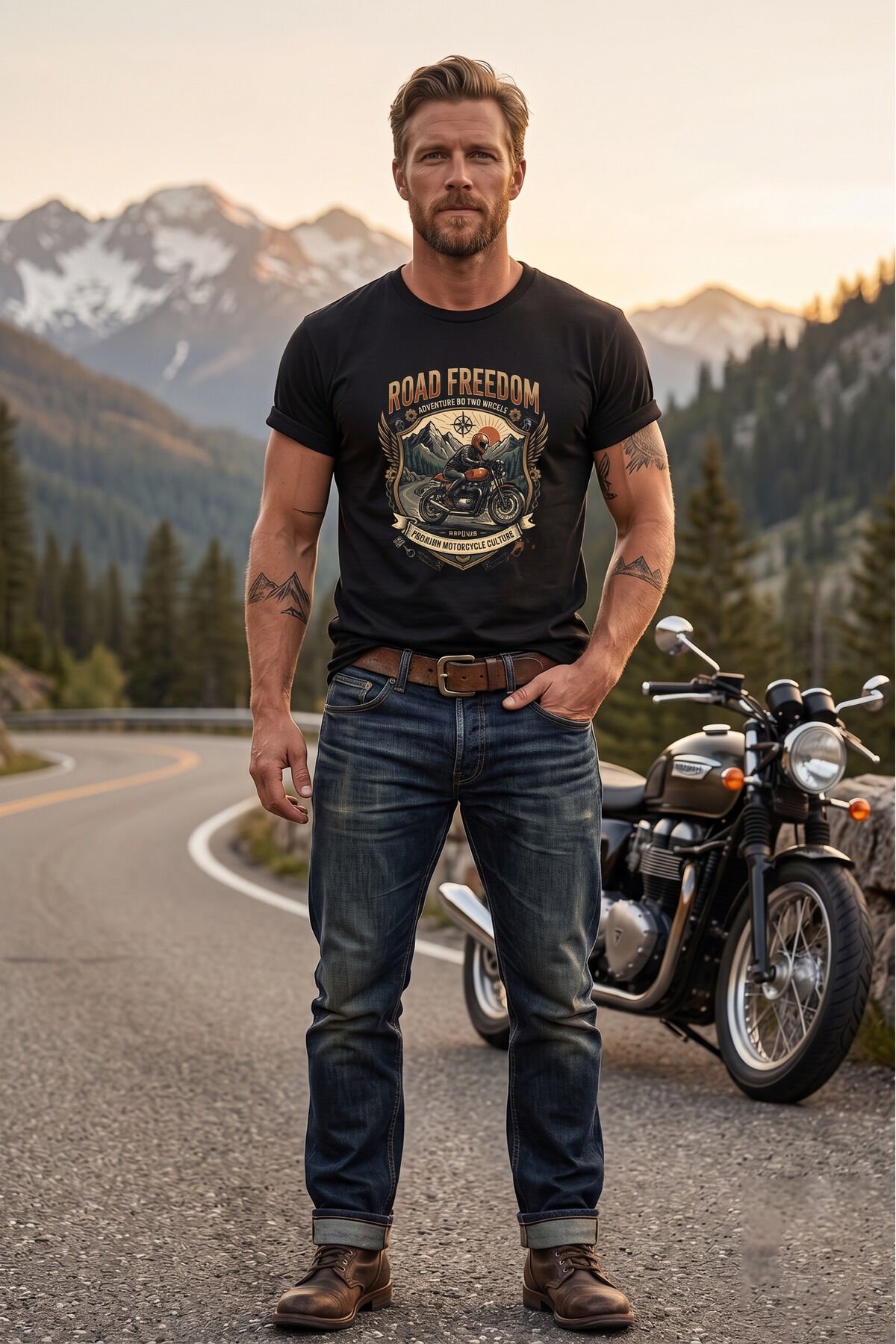 Road Freedom Motorsiklet Baskılı Erkek Tişört Vintage Retro Tasarım Bisiklet Yaka Siyah - 3XL