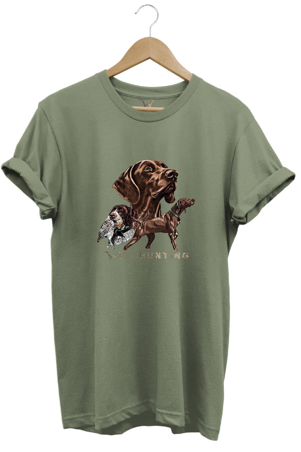 Avcılık Hunter Kurzhaar Av Köpeği ve Çulluk Baskılı %100 Pamuk Regular Fit Unisex T-Shirt Haki - L