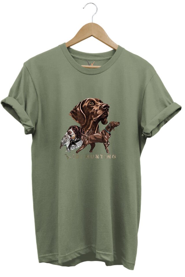 Avcılık Hunter Kurzhaar Av Köpeği ve Çulluk Baskılı %100 Pamuk Regular Fit Unisex T-Shirt Haki - L
